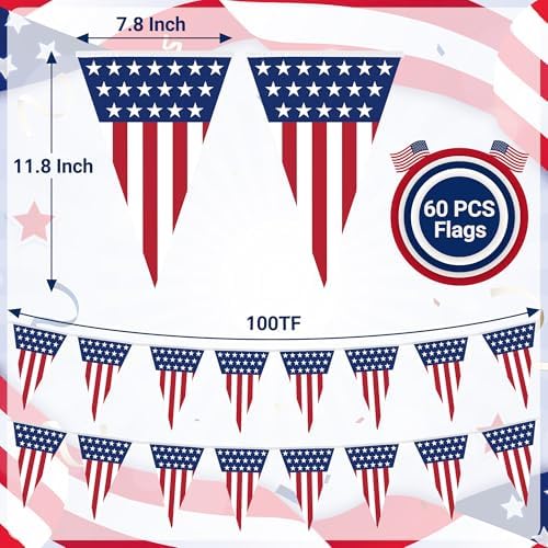 100FT 4th of July Decorations, 60Pcs Pennant Fourth of July Banner, 7.8 x 11.8 Inches Fourth of July American Flags for Outside 4th of July Accessories Independence Day Patriotic Party Parade Decor - Image 2