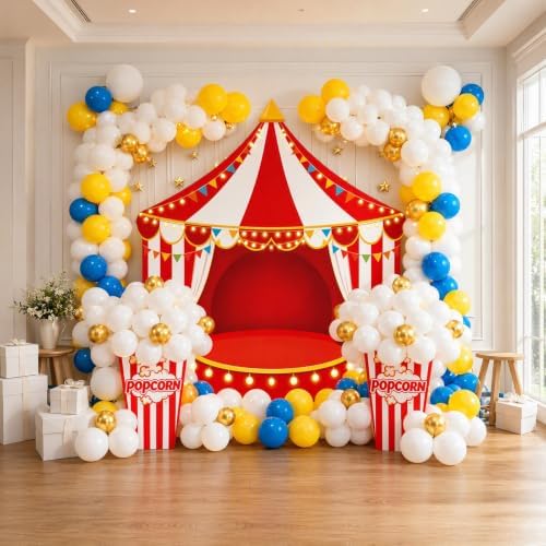 104 PCS Carnival Circus Party Decorations Set Backdrop, Includes Red White Tent Photo Background, Popcorn Boxes with 101 Balloon Kit, Carnival Theme Birthday Party Decor Supplies - Image 6