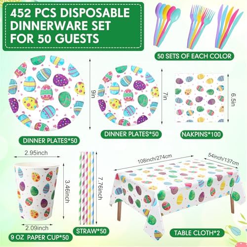 Funnymoom 452 Pcs Easter Party Supplies for 50, Colorful Easter Egg Paper Plates Napkins Cups Tablecloth Cutlery Straws Disposaable Tableware Set for Spring Birthday Baby Shower Party Decorations - Image 3