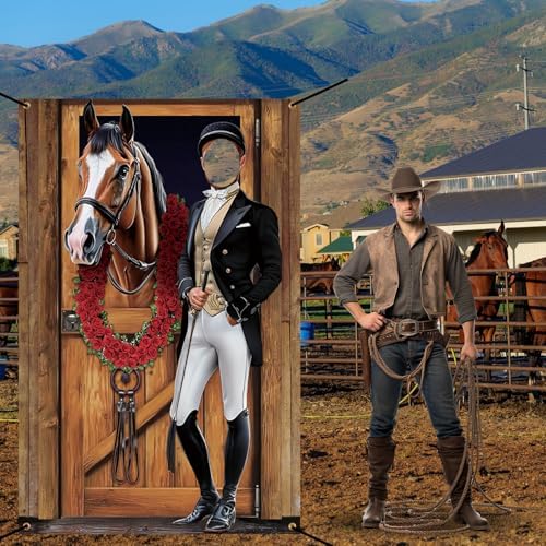 Tudomro Horse Racing Photo Booth Backdrop, 6x4ft Fabric 2 Face Cutouts - Image 5