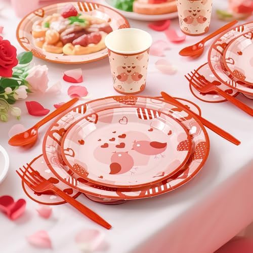 168PCS Red Love Heart Party Supplies for Valentines,Galentines Disposable Paper Plates Napkins Cups Cutlery for 24 Guest,Love Party Tableware for Anniversary Wedding Engagement Birthday Baby Shower - Image 5