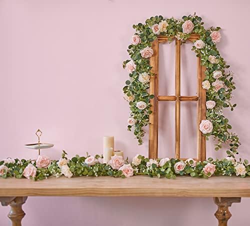 Anna's Whimsy 5.91FT Artificial Eucalyptus Garland with Flowers, Fake Rose Gypsophila Garland, Faux Floral Greenery Garlands for Wedding Spring Party Art Table Runner Decor (Pink, 1) - Image 5