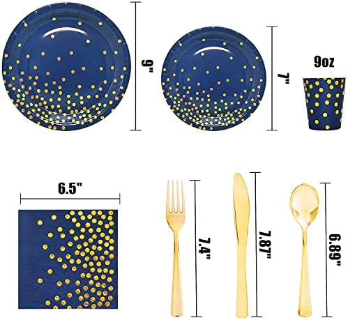168Pcs Navy Blue Plates and Napkins Party Supplies, Blue Paper Plates Serve 24, blue and Gold Party Decorations, for Birthday, Fathers Day, Graduation, 4th of July - Image 2