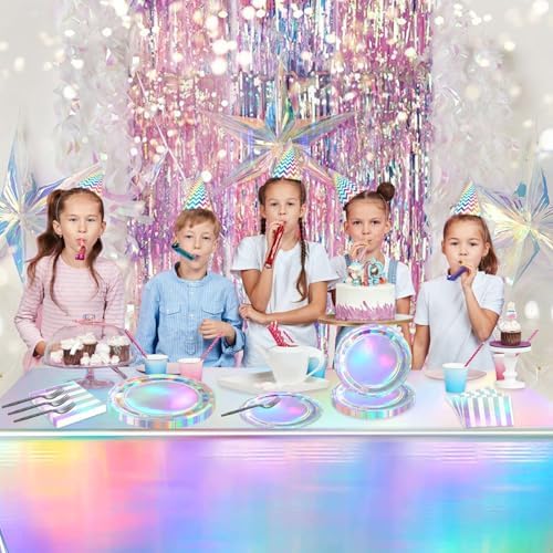 Iridescent Party Supplies for 20 Guests, Disposable Iridescent Tableware Set Includes Holographic Paper Plates, Napkins, Forks, Tablecloth for Birthday Mermaid Themed Party Decorations Wedding - Image 4