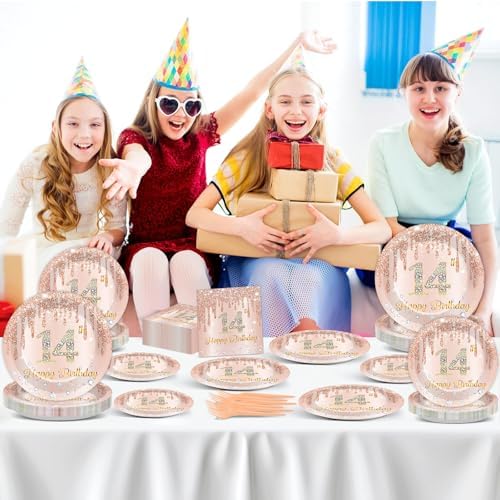 96 Pcs Rose Gold 14th Birthday Party Plates and Napkins for Girls Rose Gold Party Supplies Pink Happy 14 Years Birthday Party Tableware Set for 24 Guests Party Decorations - Image 6