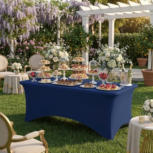 Fixwal 3 Pack 6FT Navy Blue Tablecloth Rectangle Spandex Table Cover - Image 2