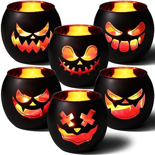 Black Halloween Table Centerpieces Candle Holders 6PCS, Jack O Lantern Tealight Votive Candle Holders, Indoor Halloween Decorations for Mantel Coffe Table Decor by SHMILMH