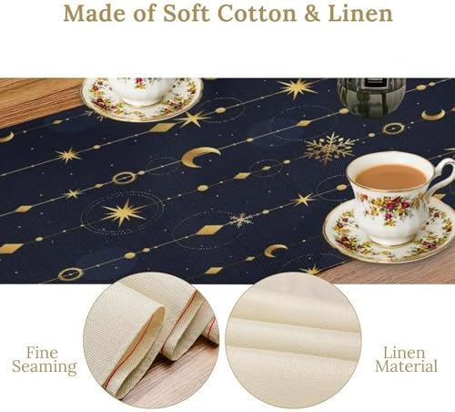 Magical Moon Table Runner Vintage Gold Crescents Stars Snowflakes Christmas Style Dinner Runner for Farmhouse Party Holiday Home Kitchen Dining Table Decoration 13"x60" - Image 5