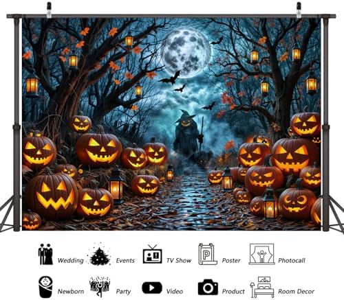 Halloween Misty Dark Forest Backdrop, Moon Night Creepy Scene Dark Pathway Pumpkin Bats Woods Photography Background, Ghost Themed Birthday Party Banner Decor Witch Photo Props 8X6FT - Image 6