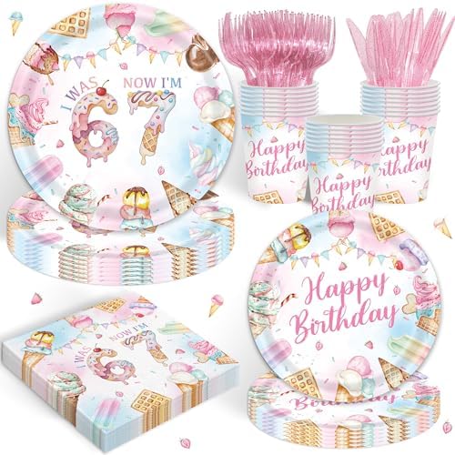 120PCS Ice Cream 7th Birthday Party Supplies, Pastels Sweet Treats I Was 6 Now I'm 7 Tableware Set, Girls Summer Birthday Decoations Disposable Paper Plates Napkins Cups Knives Forks for 20 Guests by REJOICEBUNNY