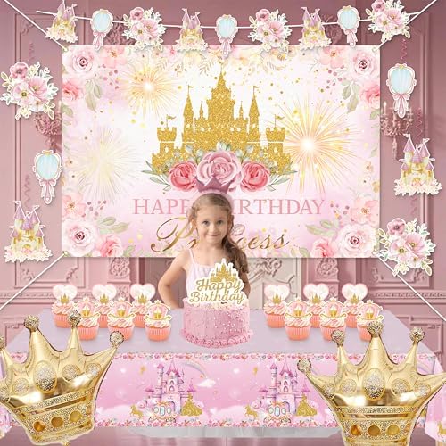 Happy Birthday Decorations For Women Men,Birthday Backdrop,Banner Balloons,Table Cloth,Paper pom poms Party Supplies for Girls Boys (Princess) - Image 3