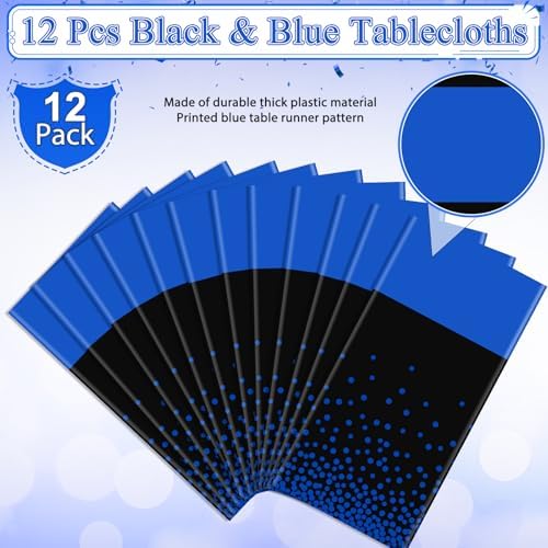 MASHAN 12Pcs Black and Blue Tablecloth Party Decorations,Plastic Black Table Cloth Printed Blue Runner Disposable Rectangle Table Cover for Birthday Wedding Anniversary Graduation Party,54 x108 Inch - Image 2
