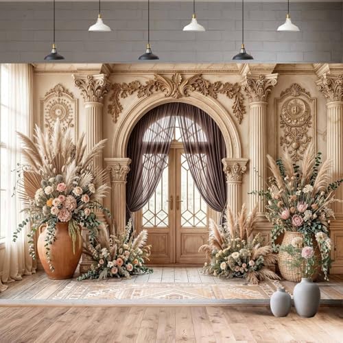 7X5ft Retro European Wedding Backdrop Vintage Boho Flowers Wedding Pattern Photography Background Banner for Bridal Shower Portrait Party Decoration Supplies Cake Table Photo Booth Studio - Image 7