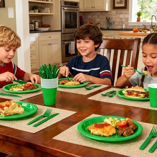 WELLIFE 210Pcs Green Plastic Plates,Party Plates and Cups and Napkins Sets - Image 6