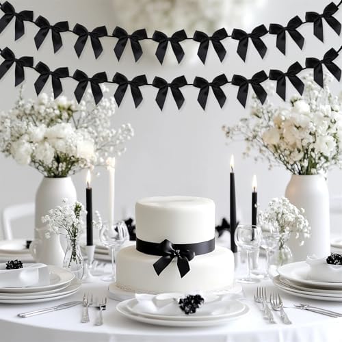 2pcs Bow Garland Banner, Ribbon Bow Party Decorations for Baby Shower Girls Bow Coquette Birthday Party Decor (Black) - Image 3