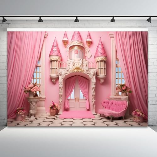 12x6ft Pink Castle Backdrop Room Door Curtain Photography Background Flowers Vases Sofa Princess Girl Birthday Banner Decorations Newborn Baby Shower Wedding Party Portrait Photo Booth Prop - Image 4