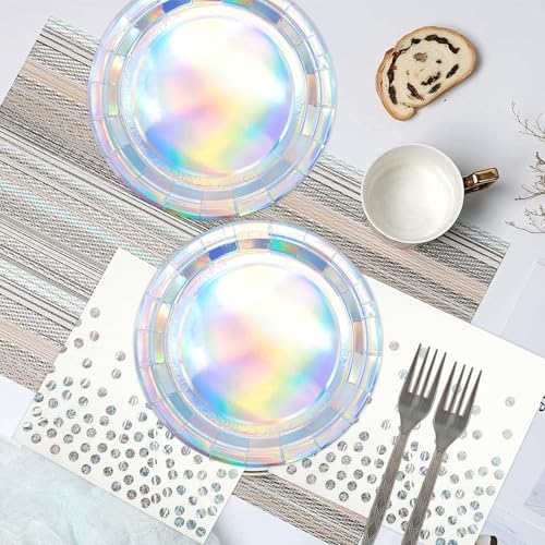 72Pcs Iridescent Silver Plates and Napkins Party Supplies, Holographic Disposable Paper Plates Napkins with Forks Tableware Set for Mermaid Birthday Wedding Iridescent Party Decorations - Image 6