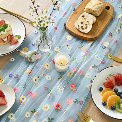 Artoid Mode Blue Embroidery Daisy Gauze Table Runner 120 Inch 10FT - Image 3
