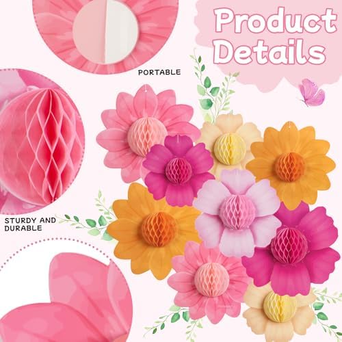 SUNBEAUTY Pink Orange Party Decorations, 9Pcs Paper Flowers Honeycomb Hanging Decor Tissue Flower Pom Poms for Girl Women Birthday Groovy Sunset Party Fall Bridal Shower Wedding Classroom - Image 4