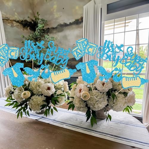 Gyufise 12Pcs Baby Shower Centerpiece Sticks Glitter Tie Onesie Love Heart Oh Baby Gender Reveal It's a Boy Table Centerpiece Sticks for Baby Shower Gender Reveal Kids Birthday Party Supplies Blue - Image 5