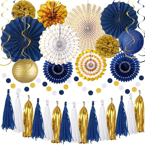 Meiduo 34 Pcs Blue Gold Party Decorations, Paper Fans Lanterns Pom Poms Set by MEIDUO