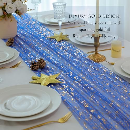 Royal Blue Gold Table Runner Glitter Decorations Sheer Gauze 10 Ft - Image 3