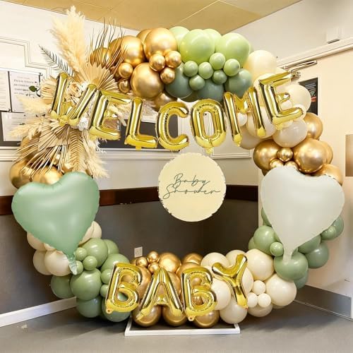 Sage Green Gold Baby Shower Decorations, WELCOME BABY Letter Foil Balloons Banner Backdrop Set with Olive Green Beige Apricot Latex & Heart Balloon for Newborn Infant Babyboy Babygirl Party Decor - Image 5