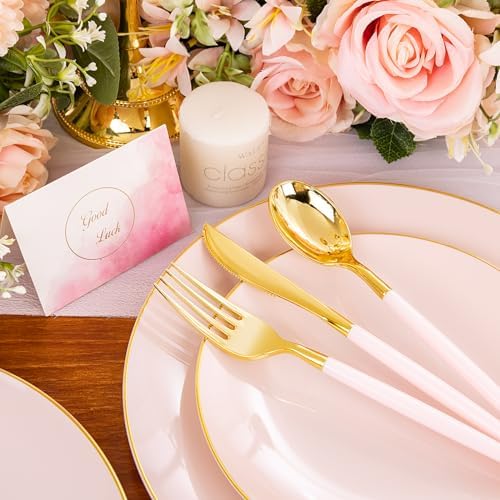 Liacere 150PCS Plastic Plates-Gold Plastic Silverware with Pink Handle - Pink Disposable Plates Include 30 Guests Plates, Forks, Spoons, Knives for Wedding ＆ Party - Image 3