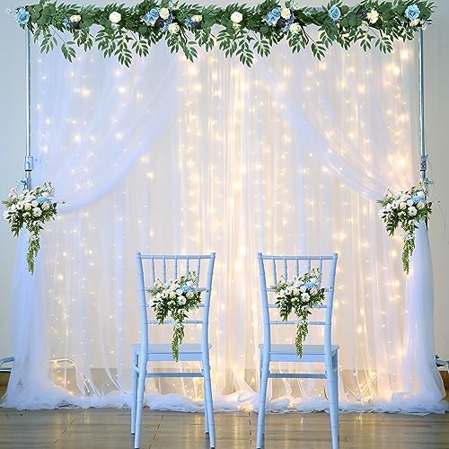 White Backdrop Curtains with Lights String for Wedding Parties 10×10ft Sheer Tulle Backdrop Curtain for Bridal Shower Baby Shower Birthday Party Photo Shoot Background Decorations(2 Panels 10ft×10ft) - Image 2