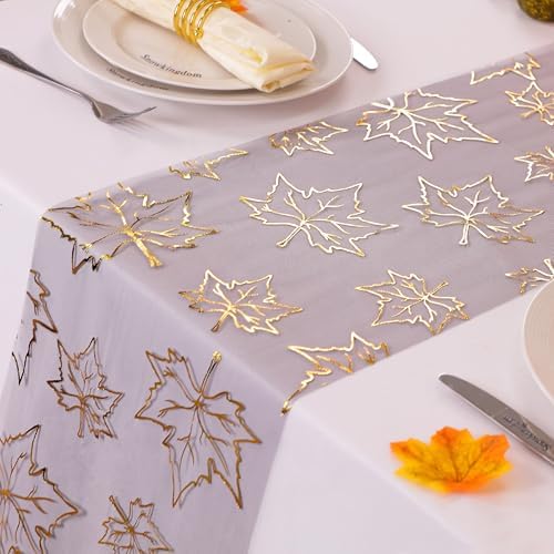 Snowkingdom Fall Table Runners, Gold Maple Leaves Thanksgiving Table Decorations for Autumn Harvest Sequin Glitter Lightweight Black Thin Mesh Sparkle Farmhouse Dining Party Decor 120 Inch by Snowkingdom
