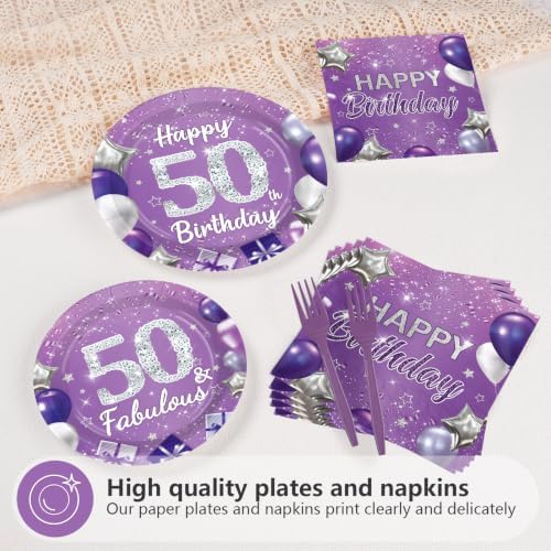 96Pcs Purple and Silver 50th Birthday Party Decorations for Women Serves 24 - Image 3