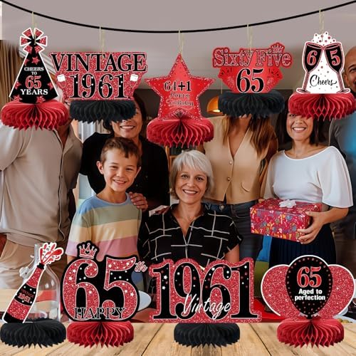 9Pcs 65th Birthday Decorations Red and Black 65th Birthday Party Decorations for Women,Happy 65 Years Vintage 1961 Aged Honeycomb Centerpieces Table Sign Decor Supplies - Image 6