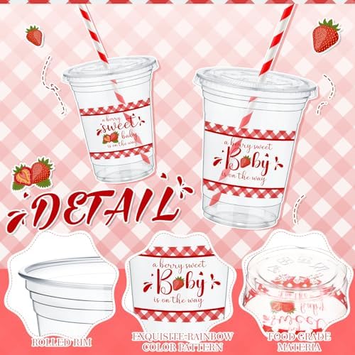Pickmesh 50 Pcs Strawberry Baby Shower Plastic Cups with Lid Straw, 12 oz - Image 2