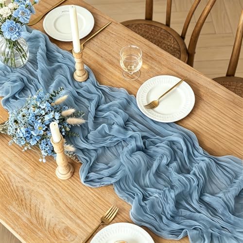 3Pcs Blue Table Runner, 10FT Boho Dust Blue Cheesecloth Table Runners 35*120inch for Wedding Bridal Shower Baby Shower Table Centerpiece Decorations - Image 2