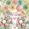 Dusty Pink Sage Green Baby Shower Decorations - Welcome Baby Girl Banner, Retro Pink Green Rosegold Balloons, 'Oh Baby' Cake Topper, Pom Poms Flowers Paper Fan For Birthday Jungle Woodland Party by Vztipki