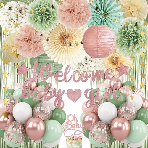 Dusty Pink Sage Green Baby Shower Decorations - Welcome Baby Girl Banner, Retro Pink Green Rosegold Balloons, 'Oh Baby' Cake Topper, Pom Poms Flowers Paper Fan For Birthday Jungle Woodland Party by Vztipki