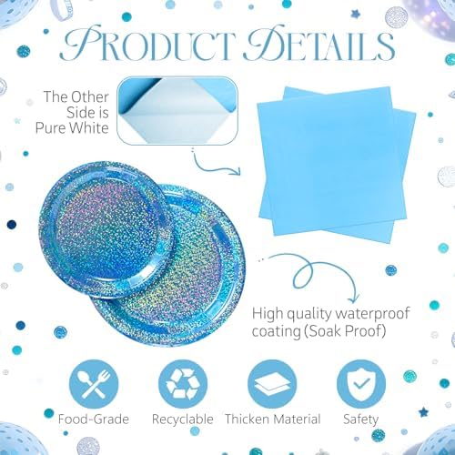 Light Blue Iridescent Party Plates & Napkins, 75 Pcs Decoration Tableware - Image 3