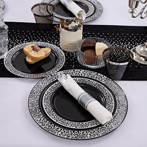 NOCCUR 210PCS Black and Silver Dinnerware Set for 30 Guests - Black Plastic Plates with Silver Rim Include 30 Dinner / 30 Dessert Plates, 30 Prewrapped Silverware, 30 Cups Ideal for Party/Graduation - Image 5
