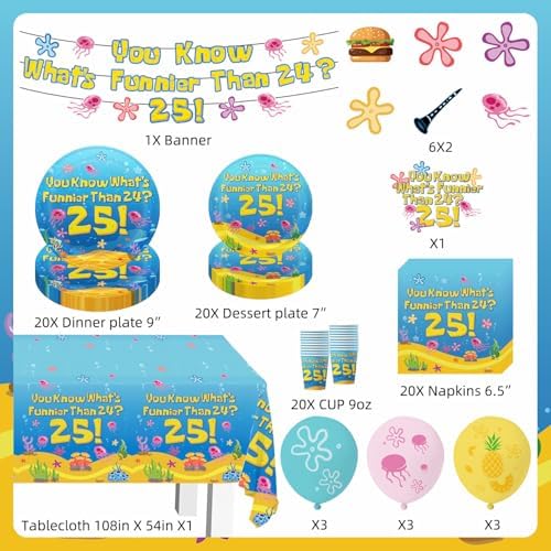 Blue Ocean Birthday Party Decorations Tableware 104Pcs Whats Funnier Than 24 25 Birthday Supplies Include Banner Balloons Plates Napkins Cups Tablecloth Cupcake Toppers and Cake Topper - Image 2
