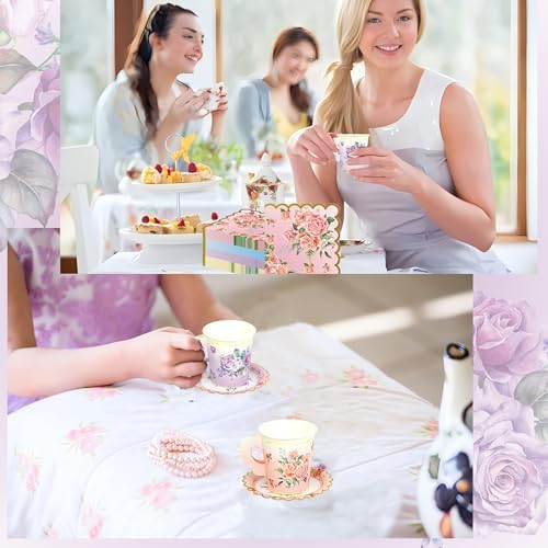 40 Set Floral Tea Cups and Saucers Disposable Tea Party Supplies Colorful Flower Teacups with Handle and Paper Napkins Dinnerware Set for Floral Theme Tea Party Birthday Wedding Bridal Shower Supply - Image 6