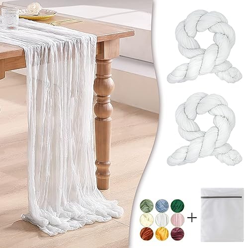 White Cheesecloth Table Runner 2 Pack 35" Boho Gauze 120 inches Long Runner Rustic Sheer Cheese Cloth Fabric Bulk for Baby Shower Wedding Bridal Birthday Party Decorations by Waligoy