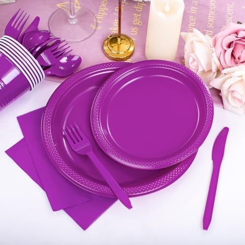 WELLIFE 210Pcs Purple Plastic Plates,Party Plates and Cups and Napkins Sets - Image 3