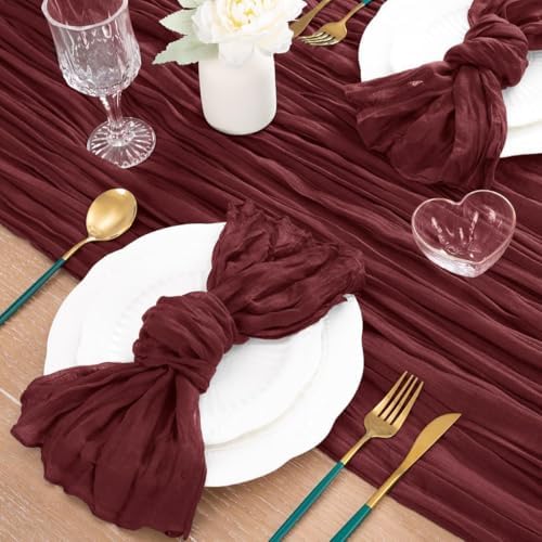 Burgundy Cheesecloth Table Runner Fall Boho Dinning Runner for Christmas - Image 5