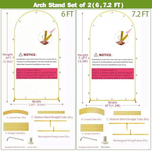 2 Pack Metal Arch Backdrop Stand 7.2FT, 6FT Wedding Balloon Floral Frame - Image 4