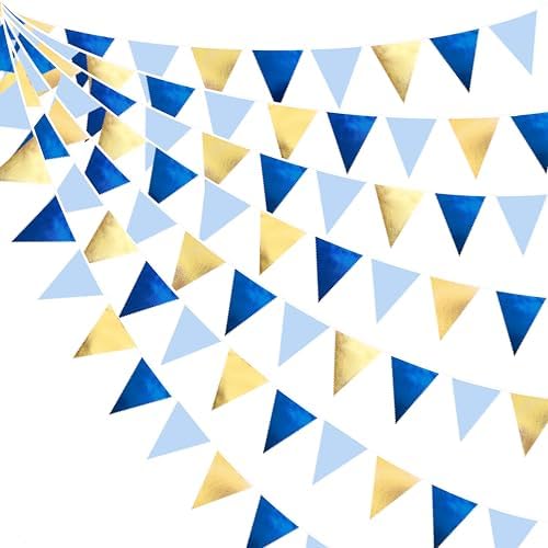 Gold Blue Party Decoration Gradient Blue and Gold Triangle Pennant Banner Flag Metallic Fabric Bunting Garland for Nautical Ahoy Achor Birthday Graduation Retirement Wedding Baby Shower Party Supplies by pinkblume