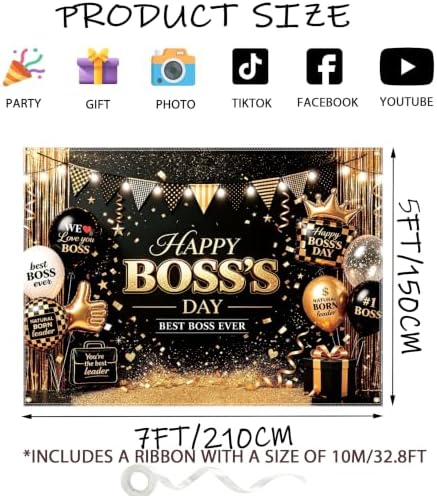 Black and Gold Happy Boss's Day Decorations Boss Day Backdrop Banner for Office Best Boss Ever Party Photo Props Background, Office Gatherings Party Decorations 83" x 59" - Image 2