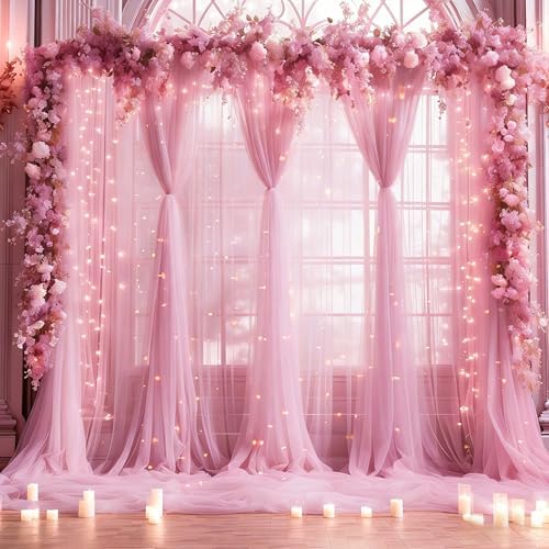 30×10ft Pink Tulle Backdrop Curtain with Lights String for Parties, Sheer Photo Backdrop Curtains for Wedding Party Photography Background by WishCare