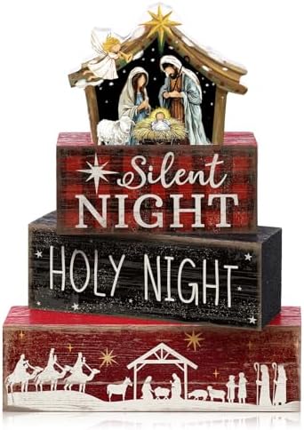 Moucuny 4 Pcs Christmas Table Decor, Wooden Nativity Scene Holy Night Signs by Moucuny