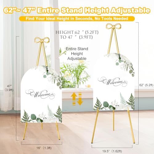 Interchangeable Bow & Star Top Gold Easel Stand for Sign, 62"–47" Height Adjustable Heavy Duty Wedding Easel Stand with 3 Display Modes — Perfect for Welcome Signs, Christmas Decor, Parties & Events - Image 5