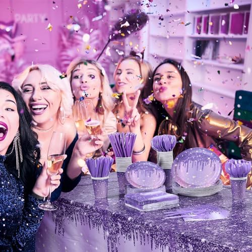 Funnymoom 452 Pcs Purple Glitter Birthday Party Decorations for 50, Purple Silver Paper Plate Napkin Cup Tablecloth Cutlery Straw Disposable Tableware for Women Birthday Wedding Bridal Shower Supplies - Image 4